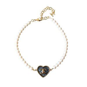Chanel 24P Metal Denim CC Heart Choker With Pearl Necklace Gold Blue Pearly Whit